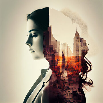 Business Background, Businesswoman Double Exposure Effect And City Buildings Illustration