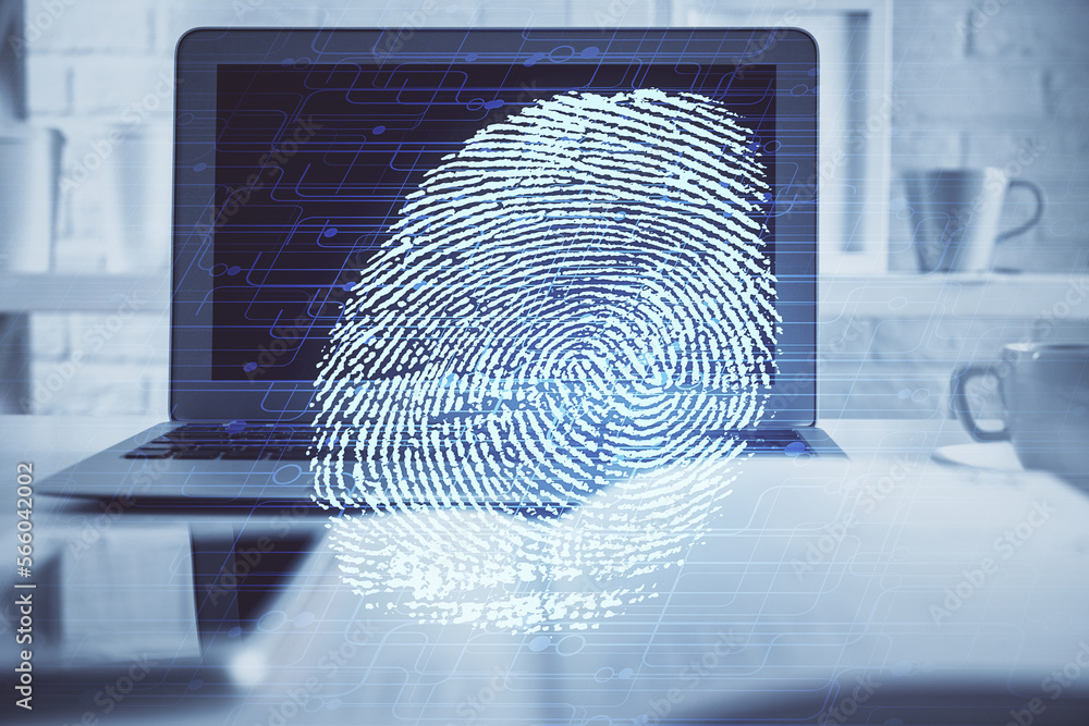 Poster Computer on desktop in office with finger print drawing. Double exposure. Concept of business data security.