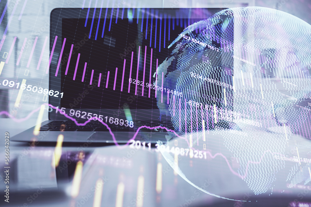 Poster double exposure of forex chart and work space with computer. concept of international online trading