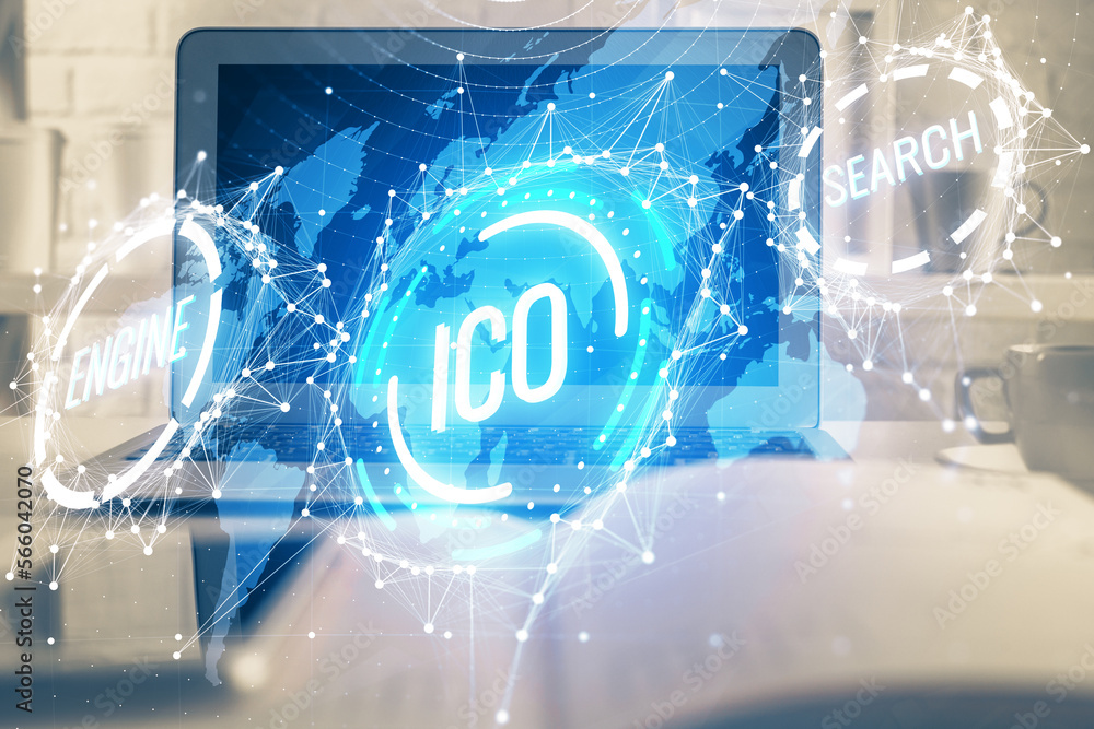 Aufkleber Multi exposure of blockchain theme hologram and table with computer background. Concept of bitcoin crypto currency.