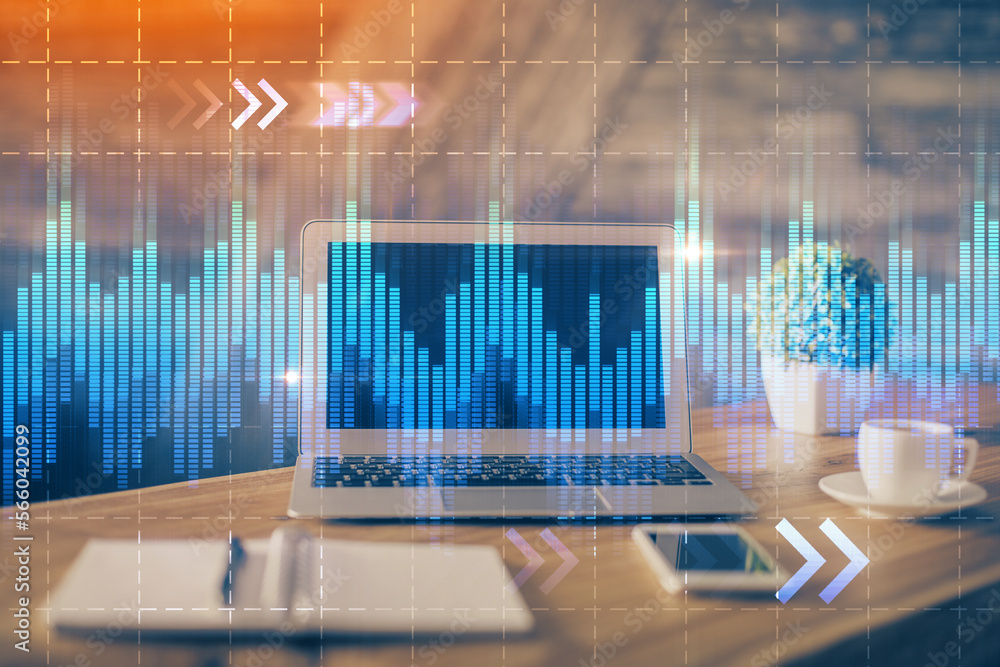 Poster double exposure of forex chart and work space with computer. concept of international online trading