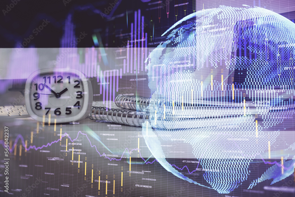 Poster double exposure of chart and financial info and work space with computer background. concept of inte