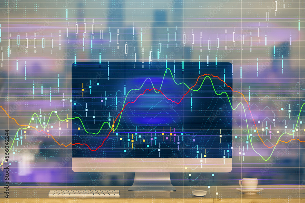 Poster double exposure of forex chart and work space with computer. concept of international online trading