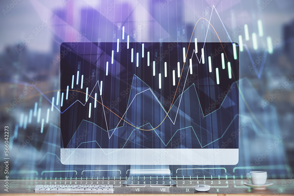 Poster double exposure of forex chart and work space with computer. concept of international online trading