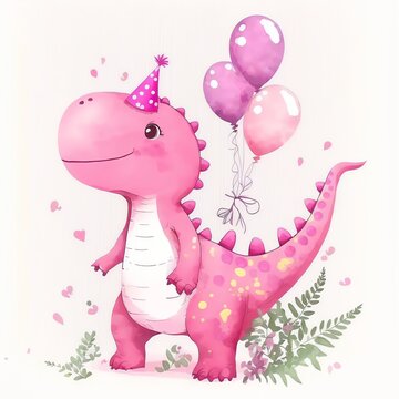 Cute pink dinosaur with balloons and birthday hat. Fun cartoon character for little girl's birthday party decor or invitations. Watercolor.