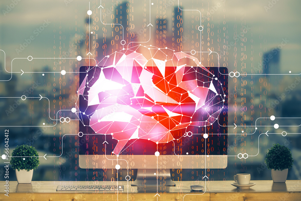 Aufkleber Double exposure of table with computer and brain hologram. Data innovation concept.