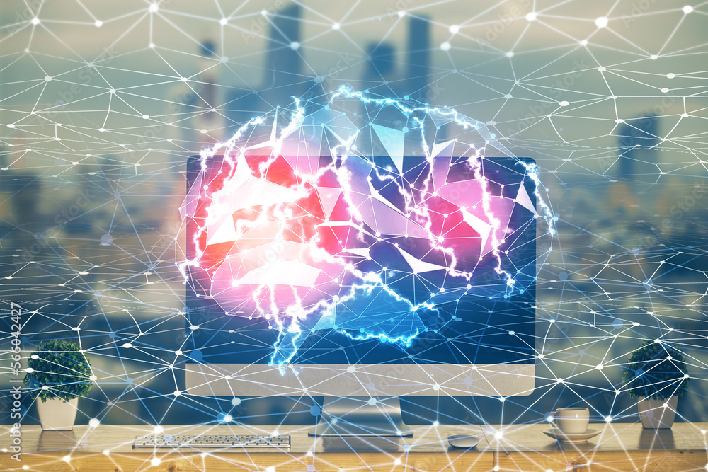 Aufkleber Double exposure of table with computer and brain hologram. Data innovation concept.
