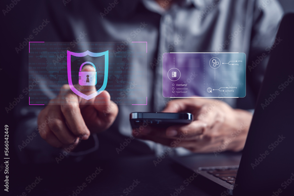 Poster Cybersecurity and privacy concepts to protect data. businessman with internet network security technology. Businessman locking personal data on computer with virtual screen interfaces. cyber security.