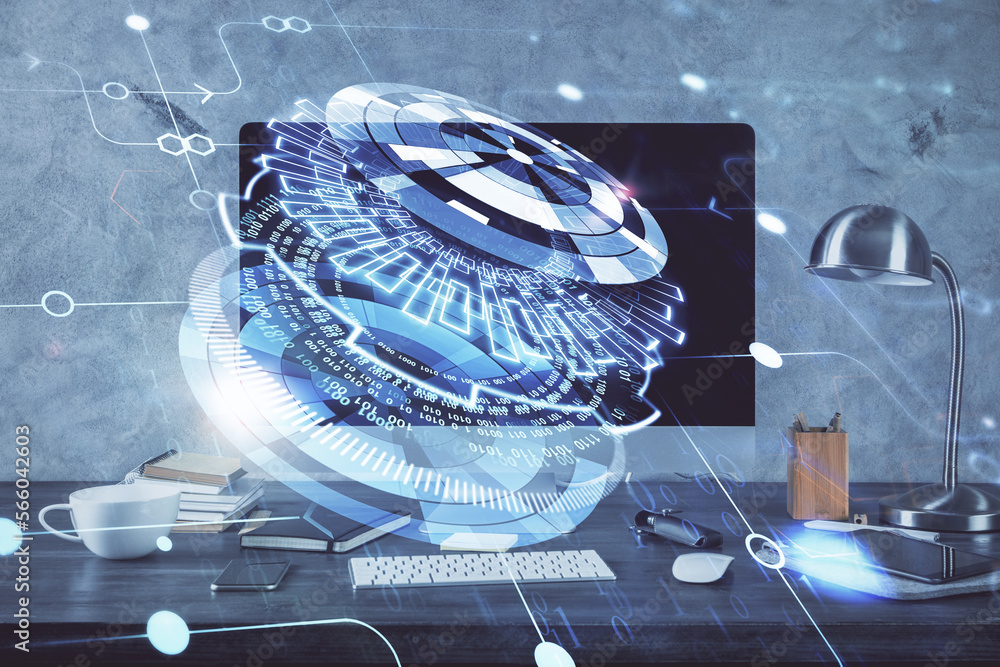 Leinwandbilder technology theme drawing and table with computer. double exposure. concept of information.