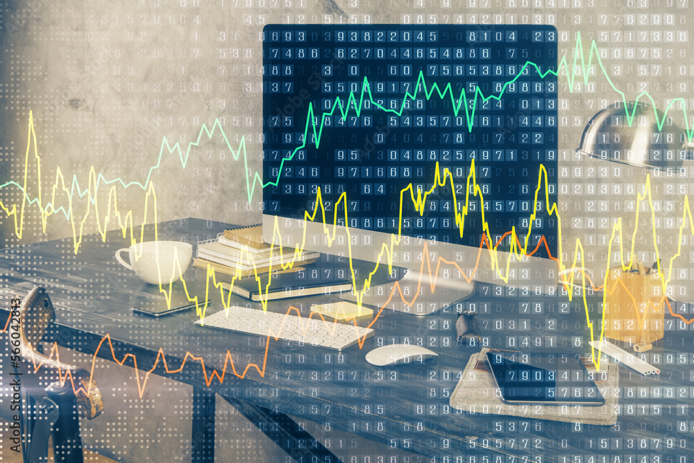 Aufkleber Double exposure of chart and financial info and work space with computer background. Concept of international online trading.
