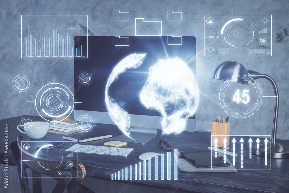 Poster double exposure of chart and financial info and work space with computer background. concept of inte