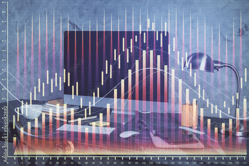 Aufkleber double exposure of chart and financial info and work space with computer background. concept of inte