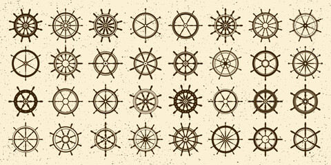 Collection of grunge vintage steering wheels. Ship, yacht retro wheel symbol. Nautical rudder icon. Marine design element. Vector illustration