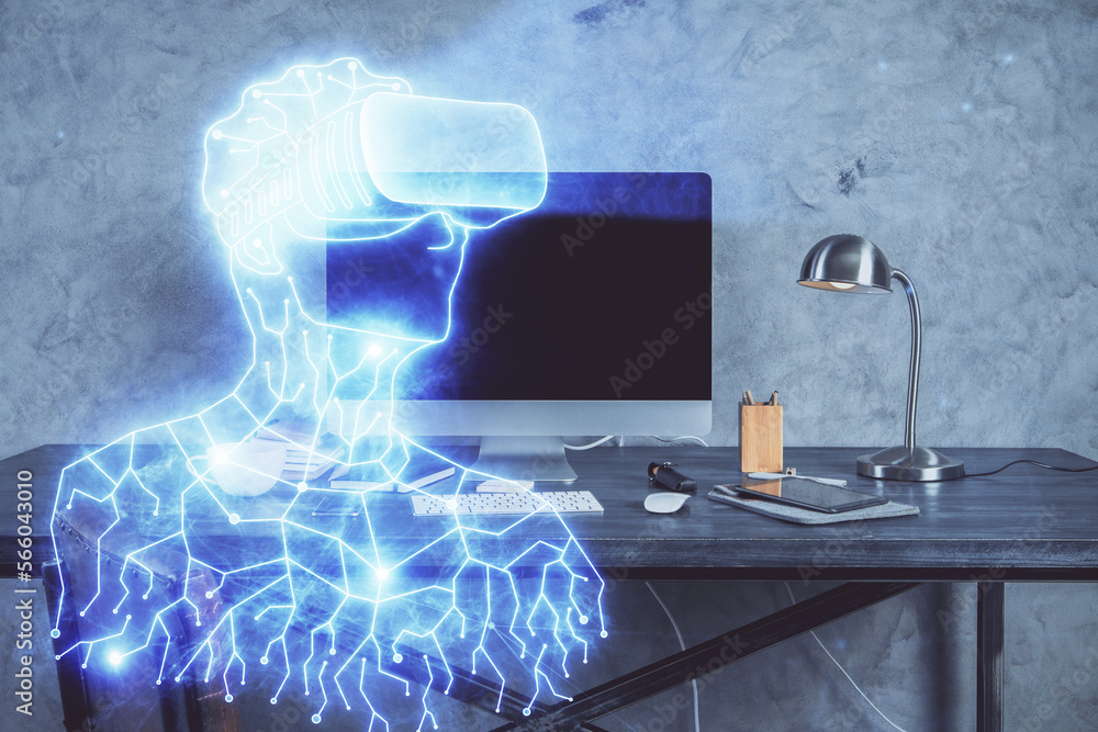 Poster Computer on desktop with AR theme icon. Multi exposure. Concept of augmented reality.