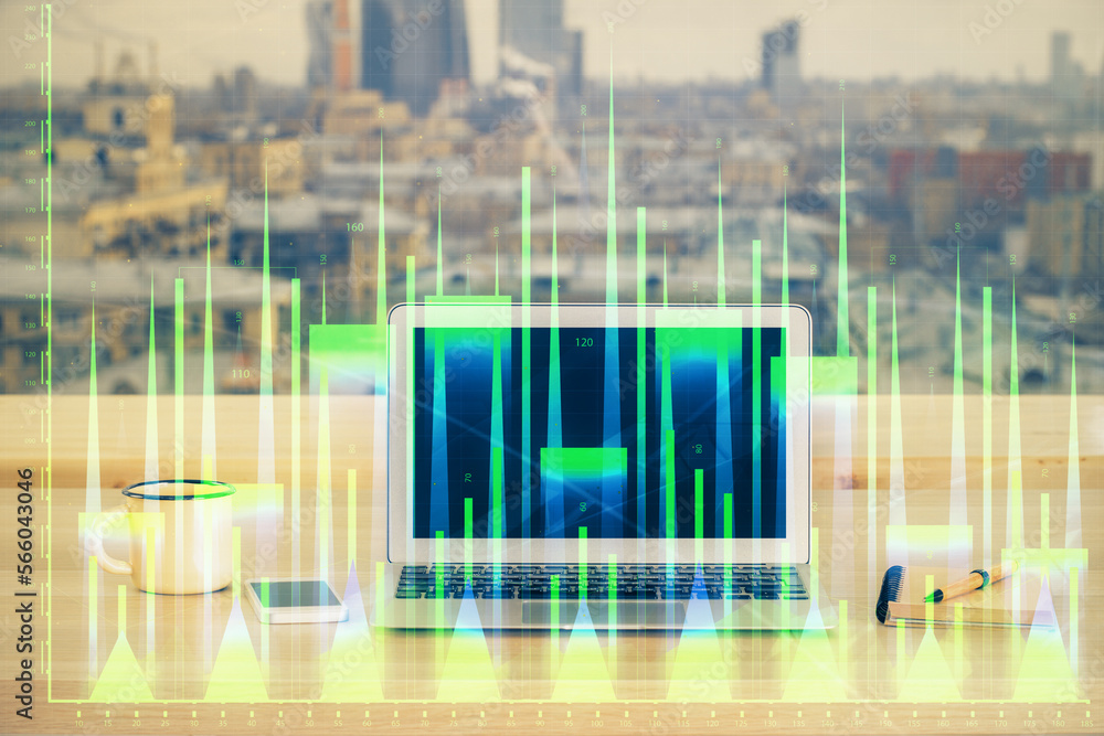 Poster double exposure of forex chart and work space with computer. concept of international online trading