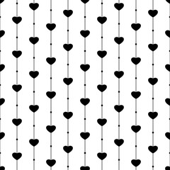 Heart seamless pattern. Repeated black color hearts on white background for design prints. Cute symbol love for girl or woman. Repeating monocrome printed. Repeat heart printing. Vector illustration 