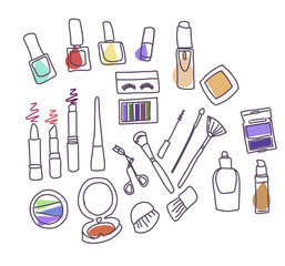 Fototapeta premium Makeup colorful doodle illustrations collection in vector. Makeup illustrations set. Vector.