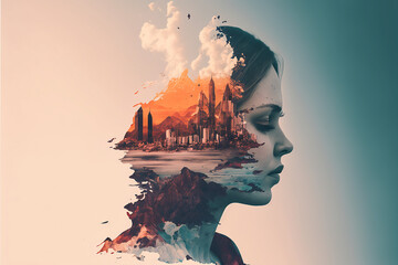 Double Exposure of Women thinking about Nature