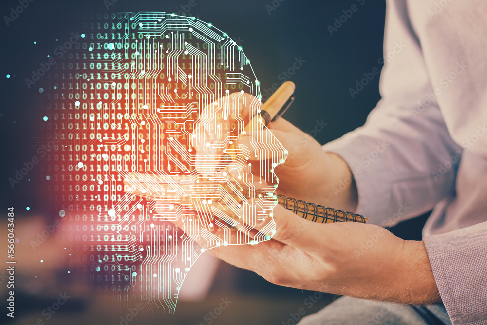 Poster brain multi exposure icon with man hands background.