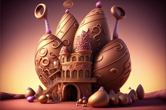 Chocolate factory in fantasy world, giant easter egg factory, digital illustration, Generative AI

