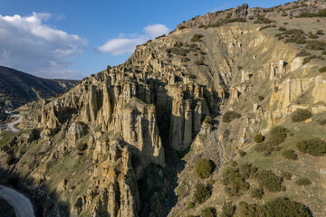 Fairy Chimneys, Kula Geopark at location Manisa, Turkey. Kula Volcanic Geopark, also known as Kuladoccia. It was recognized by UNESCO as a UNESCO Global Geopark and is the country's only geopark