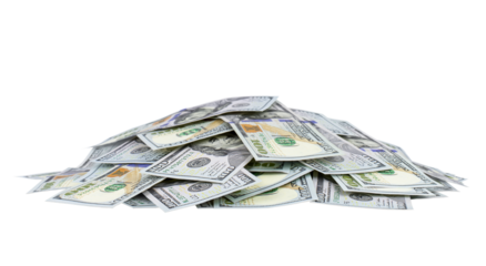 A heap of one hundred US dollar bills isolated on transparent background, business concept