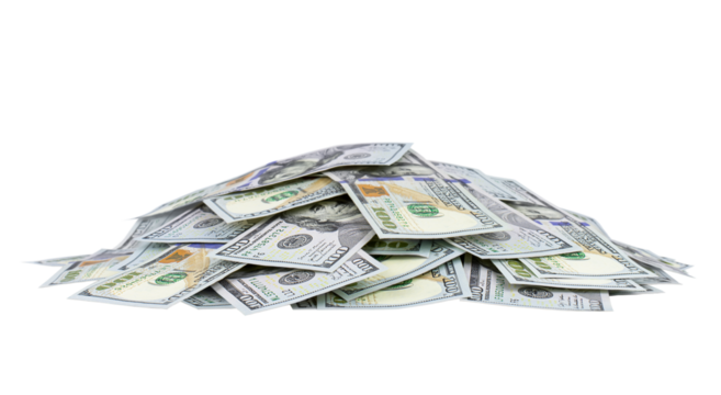 A heap of one hundred US dollar bills isolated on transparent background, business concept