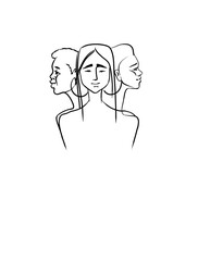 Illustration. Graphic linear trash portraits of girls of different races and nationalities. African, Asian and Slavic