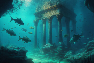 Ruins of ancient temple and swimming fishes under water Generative AI