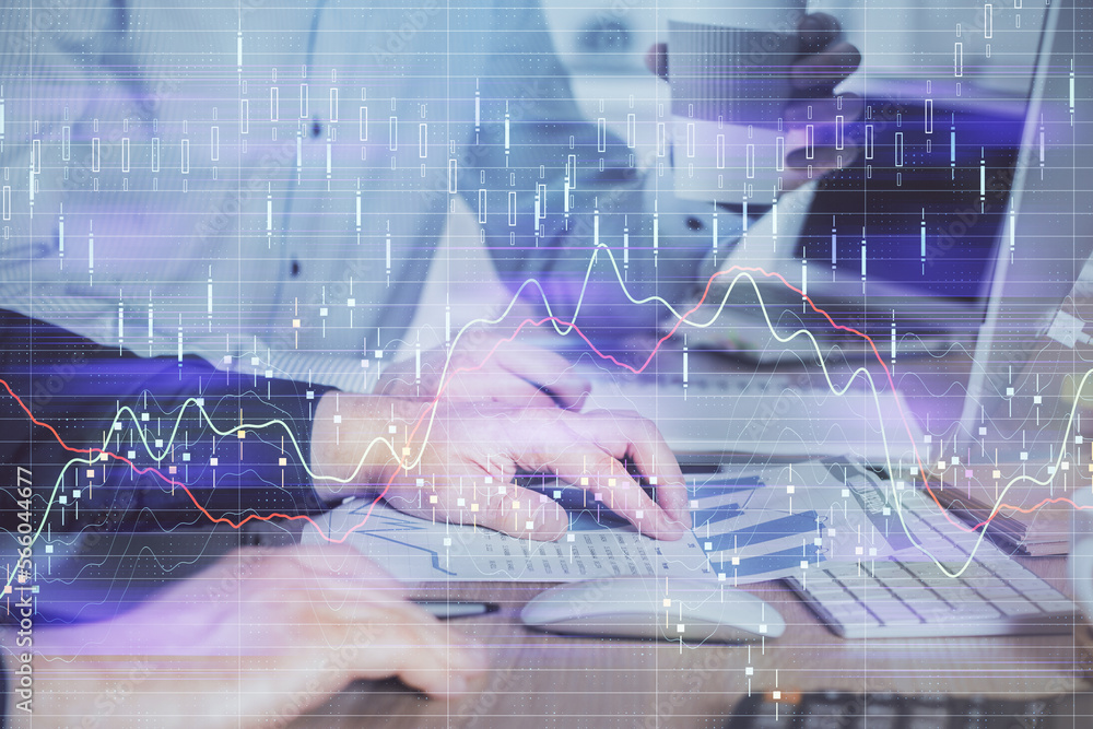 Aufkleber multi exposure of chart with man typing on computer in office on background. concept of hard work.