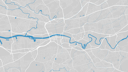 Clyde river map, Glasgow city, Scotland. Watercourse, water flow, blue on grey background road map. Vector illustration.