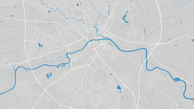 Ouse river map, York city, England. Watercourse, water flow, blue on grey background road map. Vector illustration.