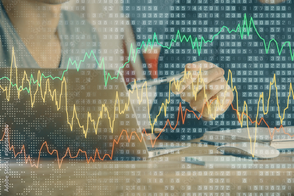 Poster forex graph with businessman typing on computer in office on background. concept of analysis. double
