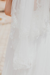 Fototapeta na wymiar La mariée dans sa robe avec son voile de dos