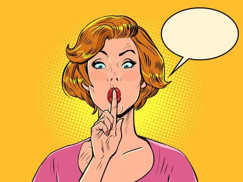 pop art surprised woman pressed her finger to her lips. Silence gossip news