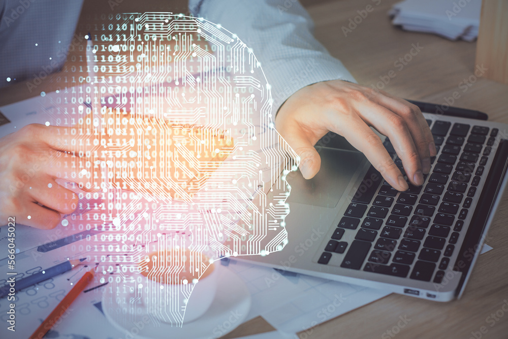 Poster Businessman with computer background with brain theme hologram. Concept of brainstorm. Multi exposure.