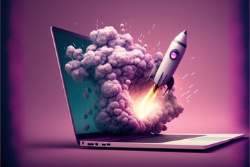 Rocket flying from notebook screen on purple background, startup concept, Generative AI