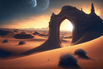 Magic portal in the desert, portal to fantasy dimension, digital illustration, Generative AI
