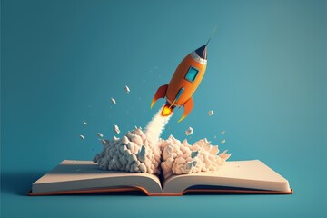 Rocket taking off from notebook, blue background, startup creation concept, Generative AI
