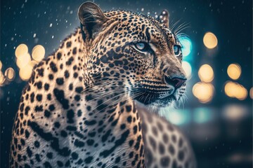 Plakat Leopard in town buildings on the background generative ai