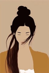 abstract minimalist illustration fashionable faceless woman with brown hair top knot hair style, AI assisted finalized in Photoshop by me