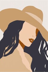 abstract minimalist illustration fashionable faceless woman with wavy brown hair wearing tan hat, AI assisted finalized in Photoshop by me