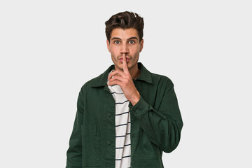 Young handsome caucasian man isolated on white background keeping a secret or asking for silence.