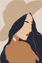 abstract minimalist illustration fashionable faceless woman with wavy brown hair wearing tan hat, AI assisted finalized in Photoshop by me