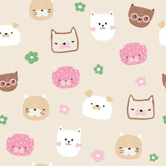 Cute cartoon cats seamless pattern. Childish pastel print. Vector hand drawn illustration. - 566046445