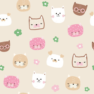 Cute cartoon cats seamless pattern. Childish pastel print. Vector hand drawn illustration.