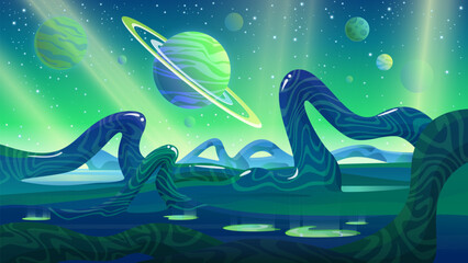 Obraz na płótnie Canvas Alien landscape vector illustration. Cartoon planet with green magic and weird curves of fantastic monster plants on ground, Saturn and stars in sky and scary atmosphere, scene of fantasy alien world