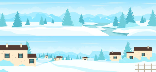 Cartoon scenery with ice and frost snow on village houses panorama, forest trees and blue high mountains and hills. Mountain winter landscape with European village vector illustration