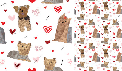 Yorkshire Terrier dog Valentine's day heart wallpaper. Love doodles hearts with pets holiday texture. square background, repeatable pattern. St Valentine's day wallpaper, valentine present, print tile - obrazy, fototapety, plakaty