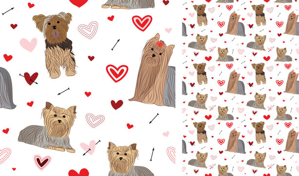 Yorkshire Terrier dog Valentine's day heart wallpaper. Love doodles hearts with pets holiday texture. square background, repeatable pattern. St Valentine's day wallpaper, valentine present, print tile
